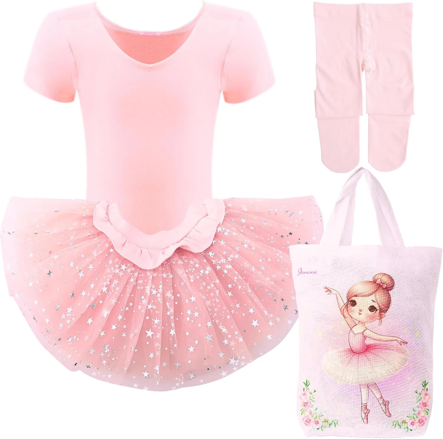 Dancina Girls and Toddlers Ballet Outfit Set - Cotton Leotard with Sparkle Tutu and Matching Dance Tights