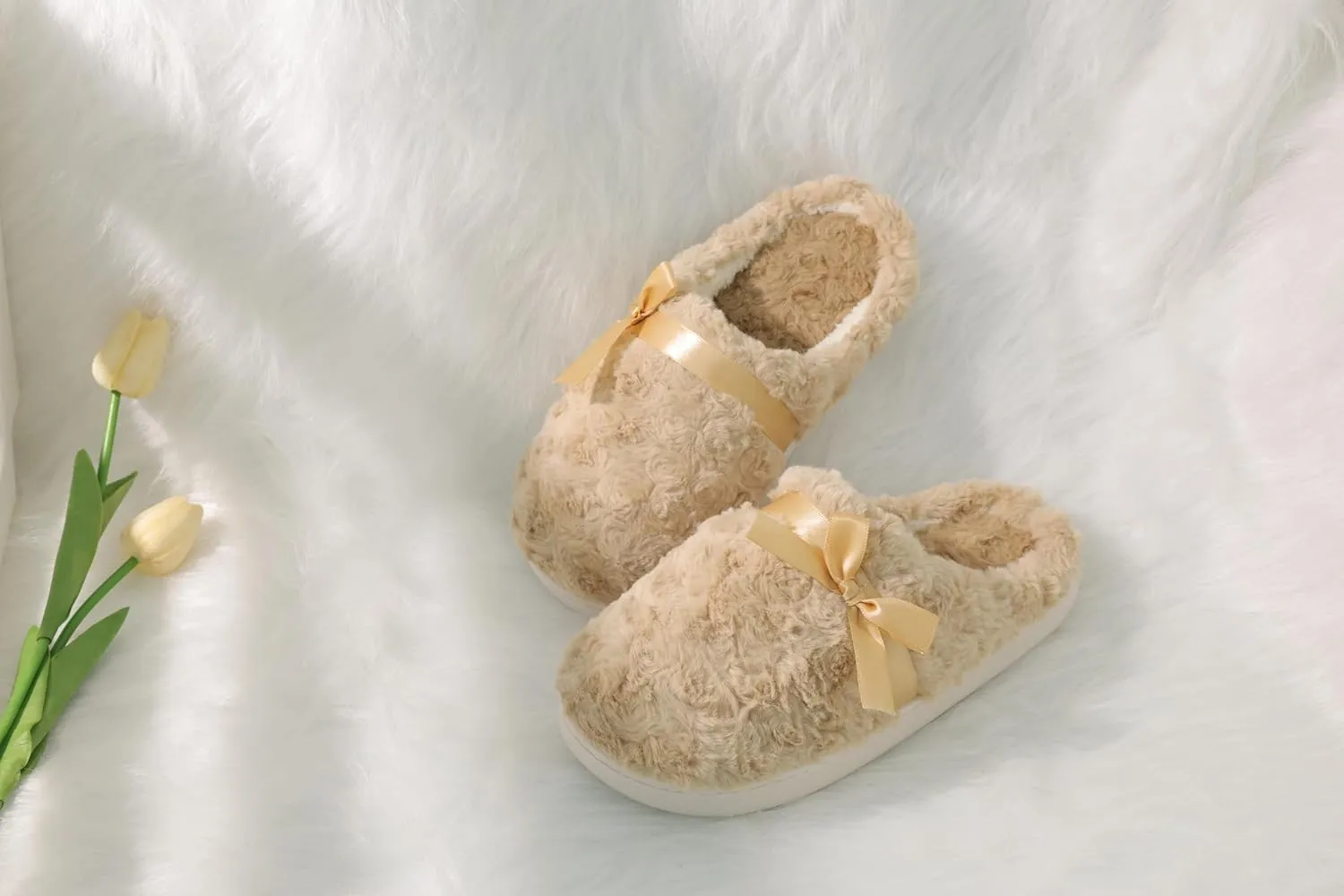 DCLTD Fluffy House Slippers for Women Flower Bedroom Shoes Cozy Warm Slip on Indoor and Outdoor Winter Shoes Super Soft Rose Slippers Christmas Gifts