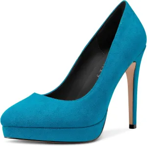 DearOnly Womens Platform Pumps Round Closed Toe Slip On Stiletto High Heel Suede Dress Shoes Bridal Wedding Office 5 Inch