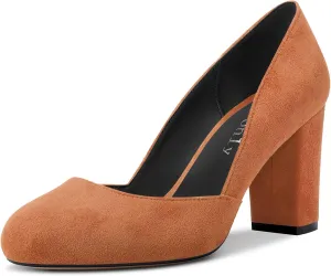 DearOnly Womens Pumps Round Closed Toe Block Chunky High Heel Slip On Suede Dress Shoes Shopping Office Cute 3 Inch