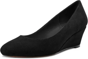 DearOnly Womens Wedge Pumps Round Closed Toe Slip On Low Block Chunky Heel Suede Dress Shoes Cute 2 Inch