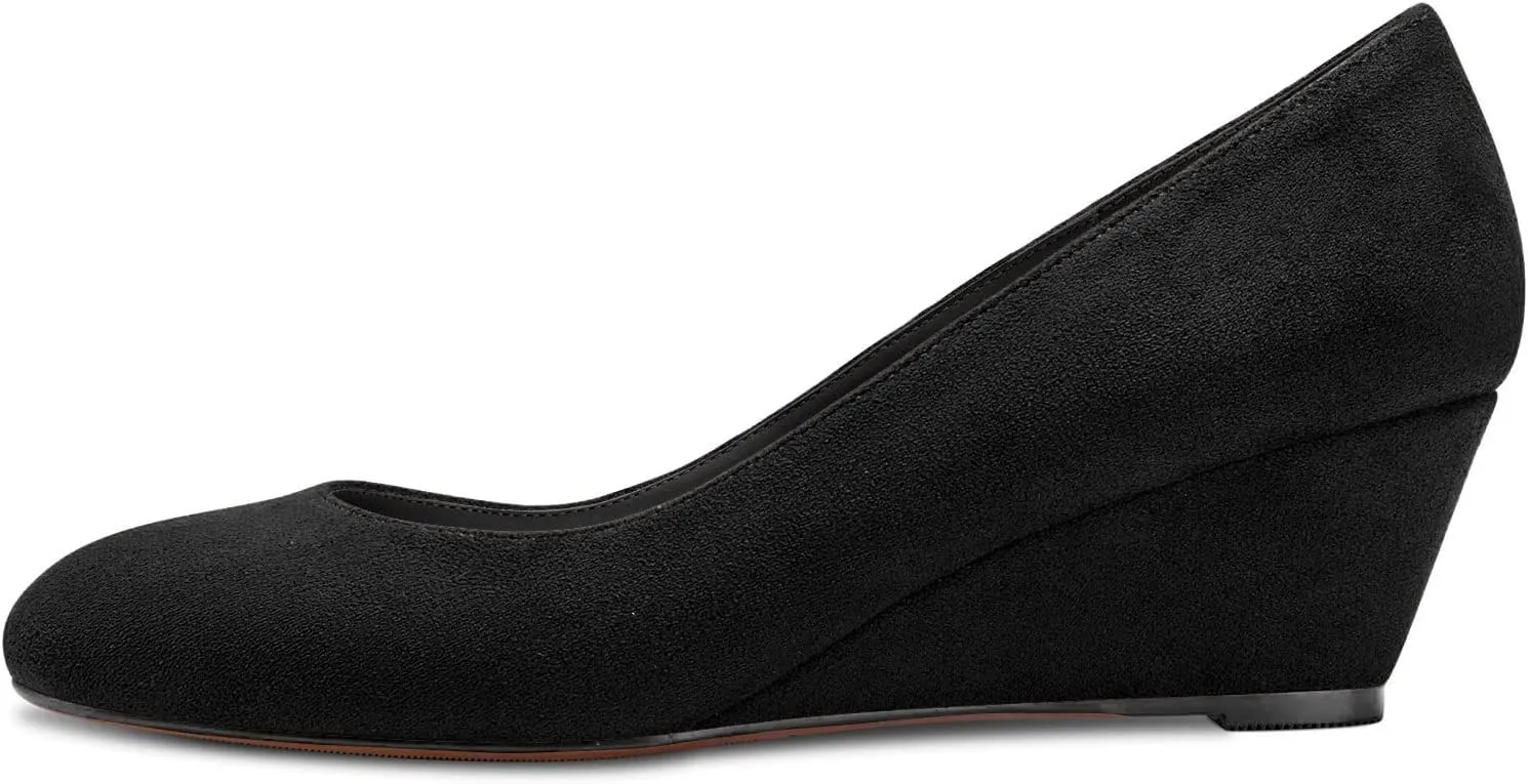 DearOnly Womens Wedge Pumps Round Closed Toe Slip On Low Block Chunky Heel Suede Dress Shoes Cute 2 Inch
