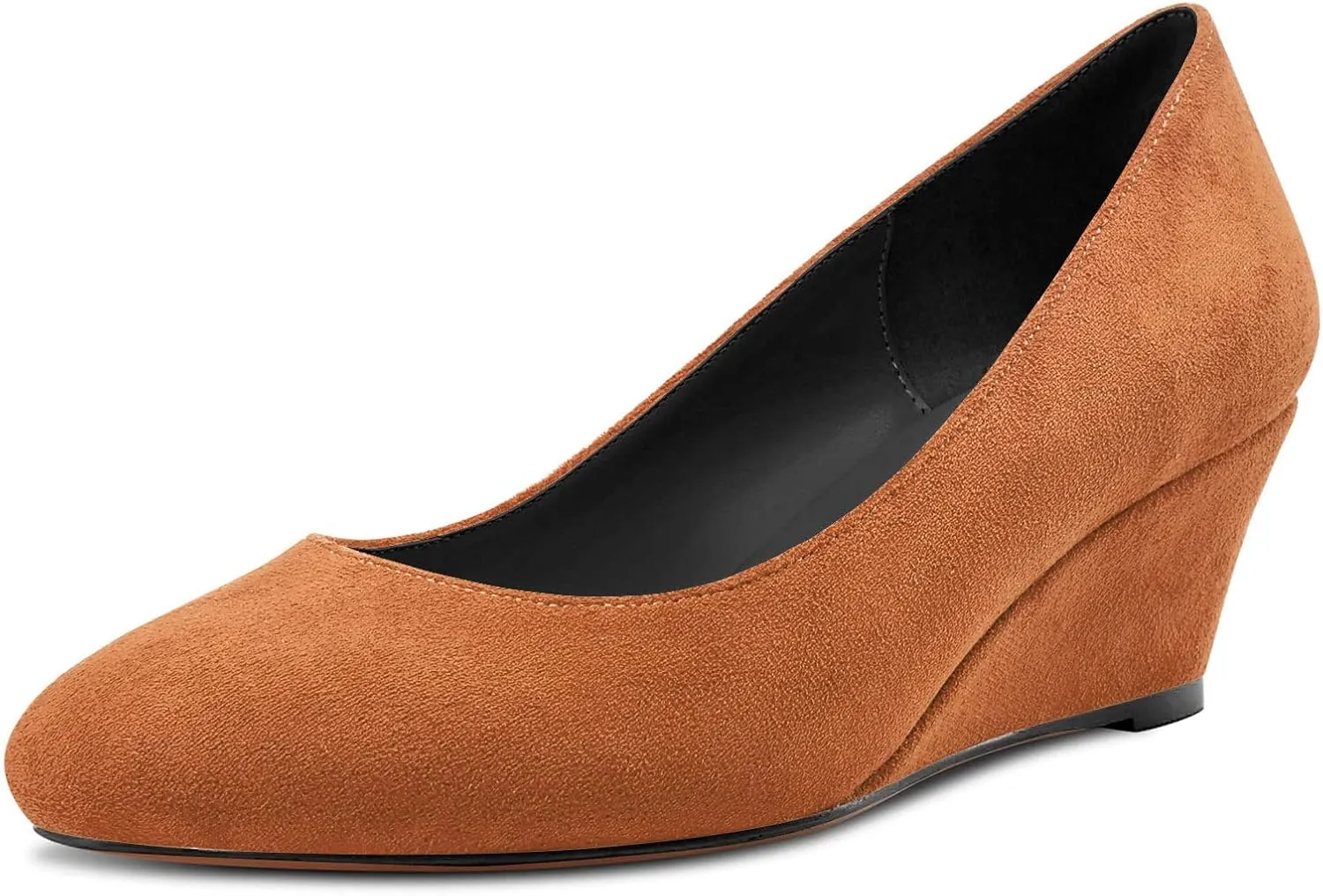 DearOnly Womens Wedge Pumps Round Closed Toe Slip On Low Block Chunky Heel Suede Dress Shoes Cute 2 Inch