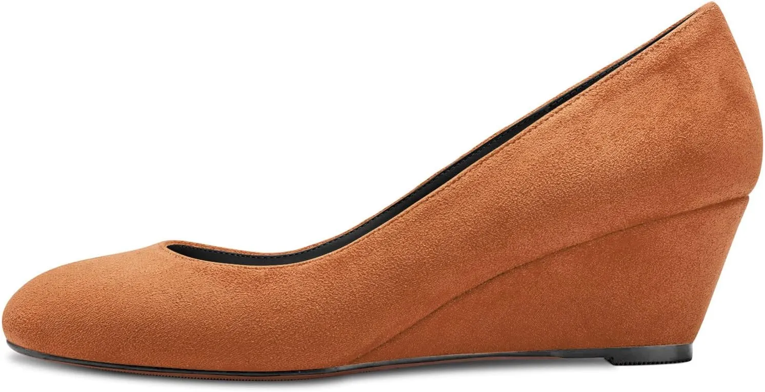 DearOnly Womens Wedge Pumps Round Closed Toe Slip On Low Block Chunky Heel Suede Dress Shoes Cute 2 Inch