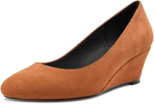 DearOnly Womens Wedge Pumps Round Closed Toe Slip On Low Block Chunky Heel Suede Dress Shoes Cute 2 Inch