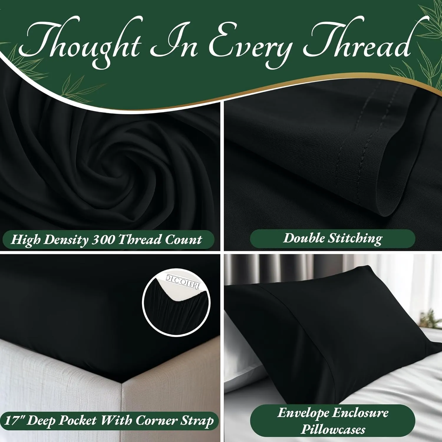DECOLURE 100% Organic Viscose Derived from Bamboo Sheets King Size 6pcs - Ultra Soft & Luxuriously Cooling, 17" Deep Pocket, Double Stitching, Perfect for Hot Sleepers - King Bed Sheets (Black)