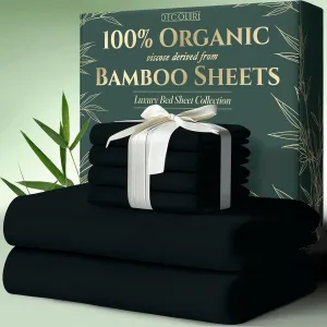 DECOLURE 100% Organic Viscose Derived from Bamboo Sheets King Size 6pcs - Ultra Soft & Luxuriously Cooling, 17" Deep Pocket, Double Stitching, Perfect for Hot Sleepers - King Bed Sheets (Black)