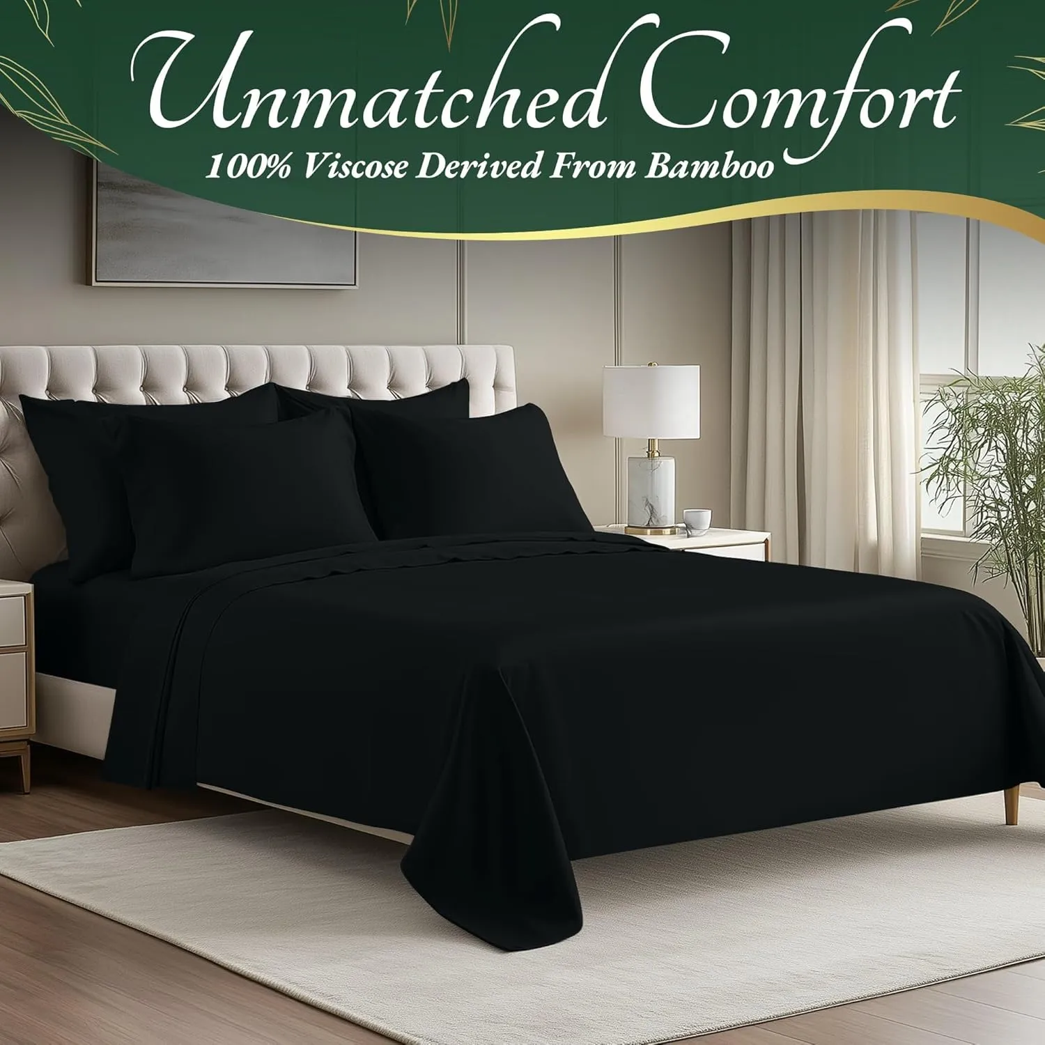 DECOLURE 100% Organic Viscose Derived from Bamboo Sheets King Size 6pcs - Ultra Soft & Luxuriously Cooling, 17" Deep Pocket, Double Stitching, Perfect for Hot Sleepers - King Bed Sheets (Black)