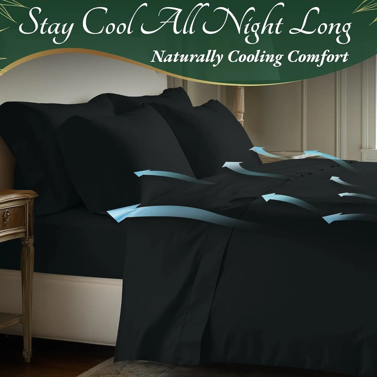 DECOLURE 100% Organic Viscose Derived from Bamboo Sheets King Size 6pcs - Ultra Soft & Luxuriously Cooling, 17" Deep Pocket, Double Stitching, Perfect for Hot Sleepers - King Bed Sheets (Black)