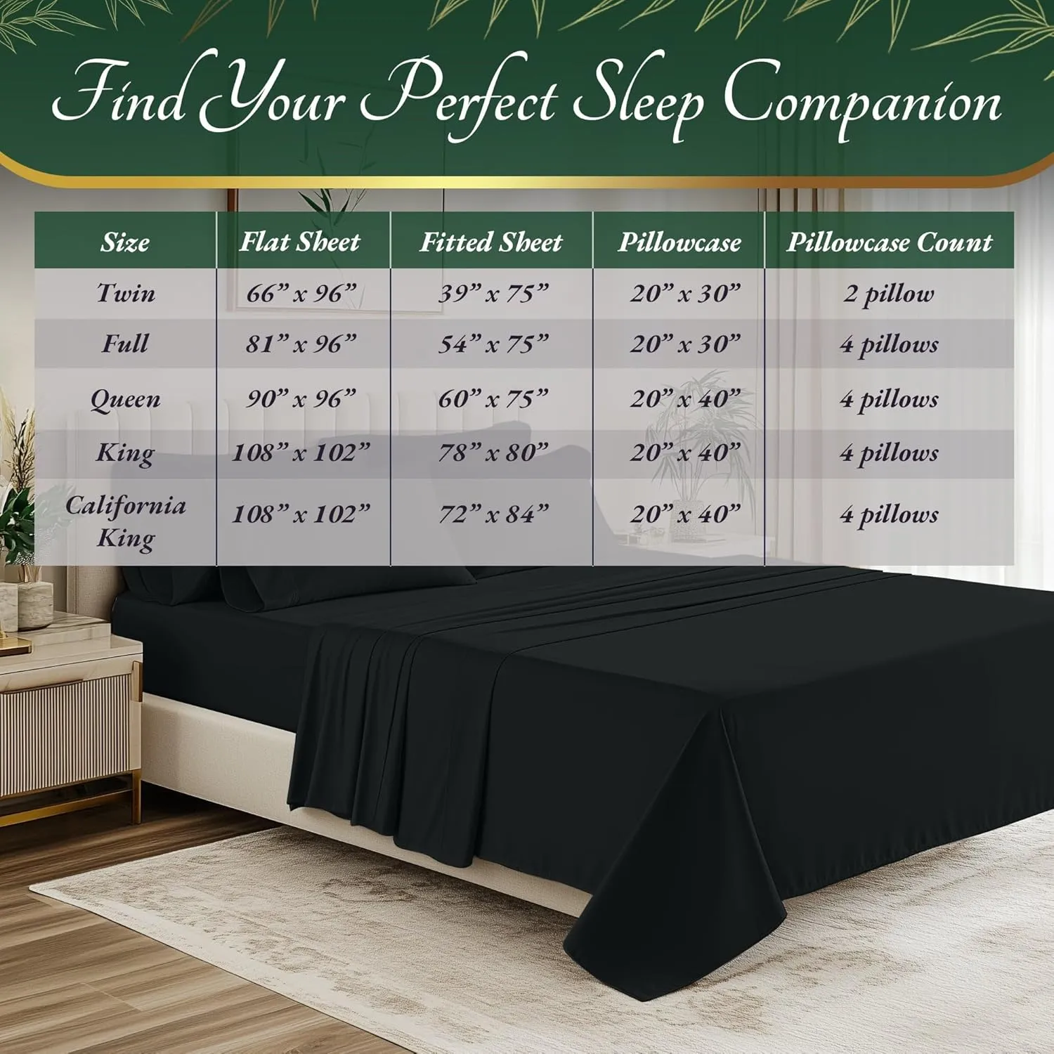 DECOLURE 100% Organic Viscose Derived from Bamboo Sheets King Size 6pcs - Ultra Soft & Luxuriously Cooling, 17" Deep Pocket, Double Stitching, Perfect for Hot Sleepers - King Bed Sheets (Black)