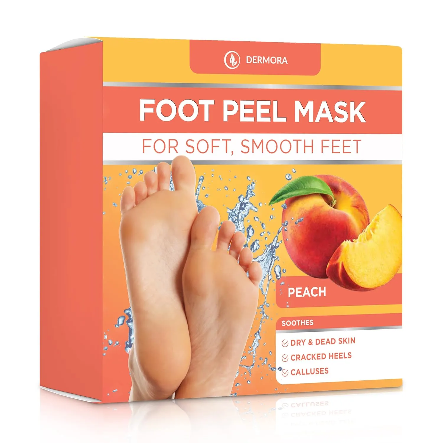DERMORA Foot Peel Mask - 2 Pack of Regular Size Skin Exfoliating Foot Masks for Dry, Cracked Feet, Callus, Dead Skin Remover for Baby Soft Feet, Peach Scent