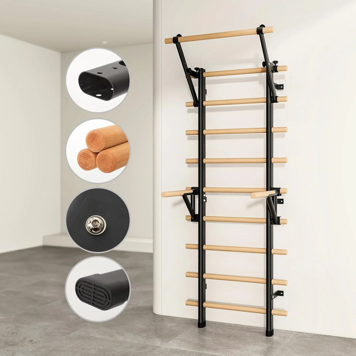 DHT Wood Stall Bar, Swedish Ladder Suspension Trainer with 9 Strategic Rods, for Home, Gym, School and Clinics, Black