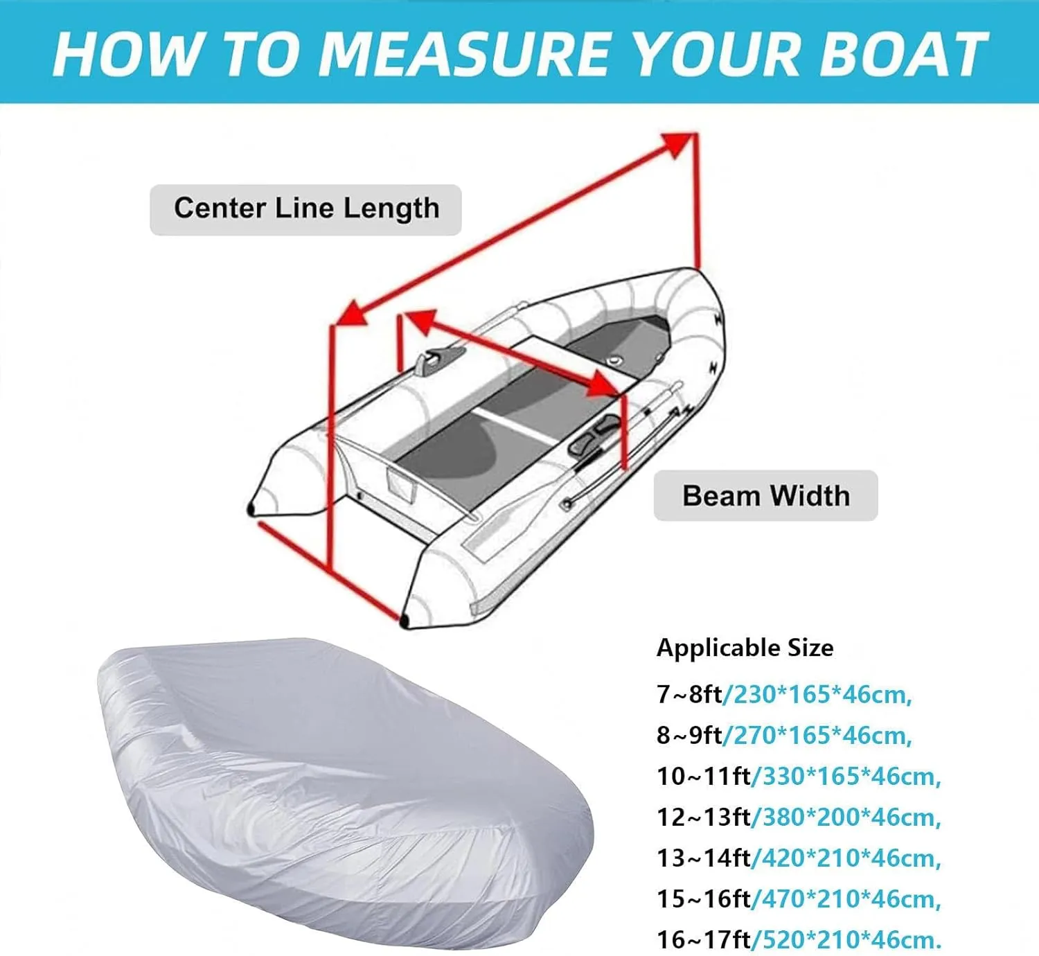 Dinghy Boat Cover 7 Sizes Boat Tarp Waterproof Anti-UV Boat Cover for Inflatable Boat and Dinghy,230 * 165 * 46cm