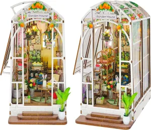 DIY Book Nook Miniature Kit with 3D Wooden Puzzle, DIY Manual Book Stand for Bookshelf Insert Decor for Creative Assembled Bookends for Romantic Gift (Garden House)
