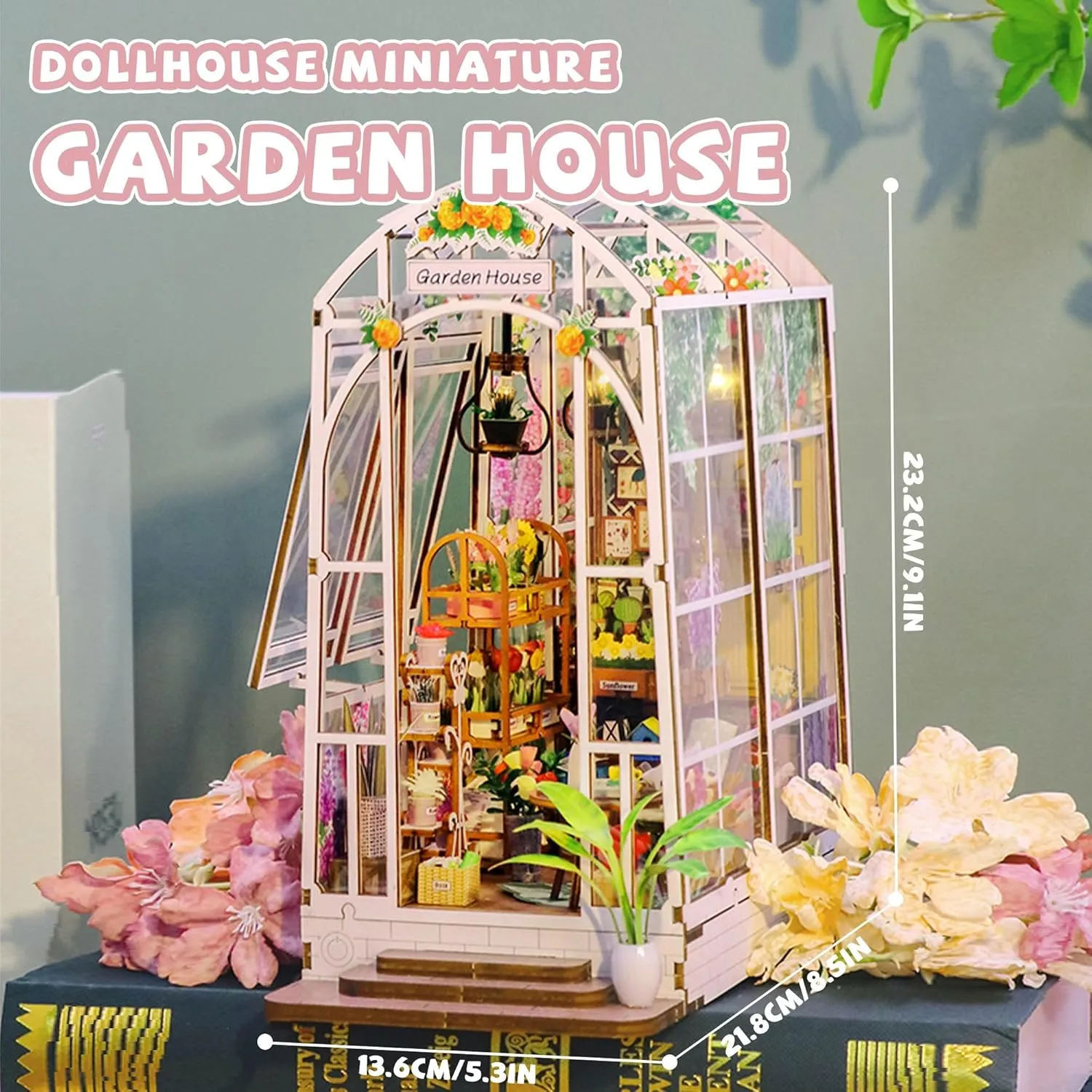 DIY Book Nook Miniature Kit with 3D Wooden Puzzle, DIY Manual Book Stand for Bookshelf Insert Decor for Creative Assembled Bookends for Romantic Gift (Garden House)