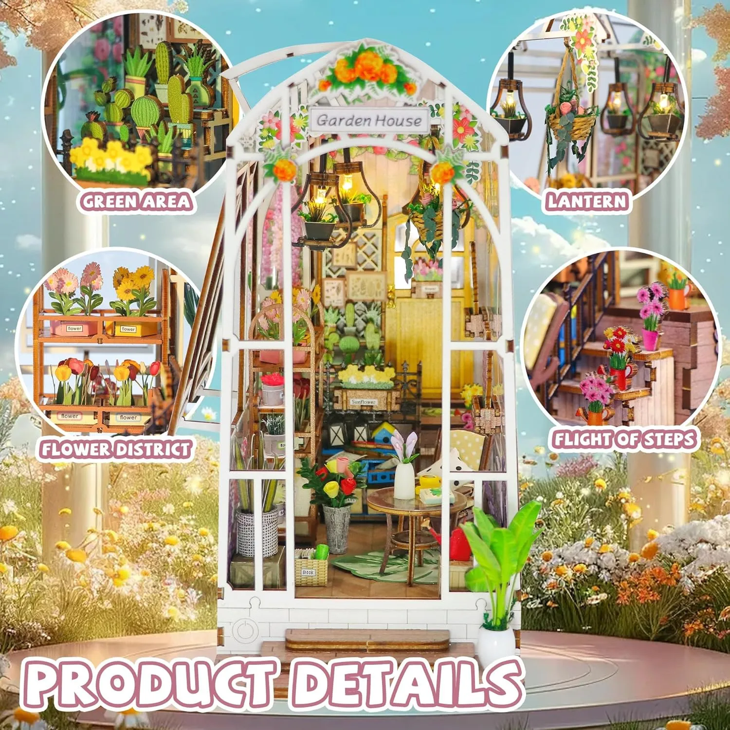 DIY Book Nook Miniature Kit with 3D Wooden Puzzle, DIY Manual Book Stand for Bookshelf Insert Decor for Creative Assembled Bookends for Romantic Gift (Garden House)