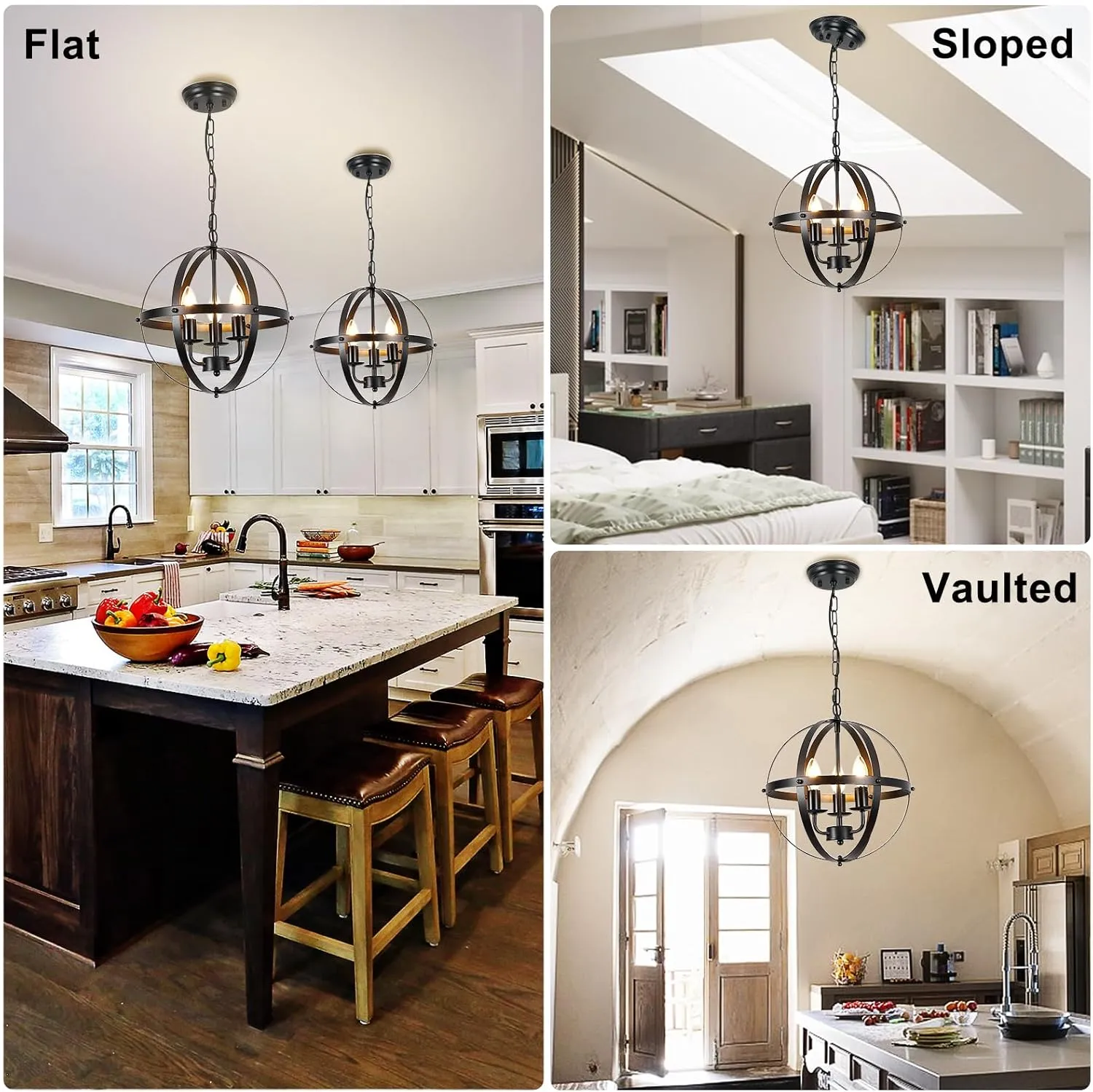 DLLT Vintage Pendant Hanging Light Fixtures, Flush Mount Ceiling Chandelier Lamp with Metal Spherical Shade for Kitchen, Dining Room, Living Room, Hallway, Entryway 3-Light, E12 Base-Matte Black