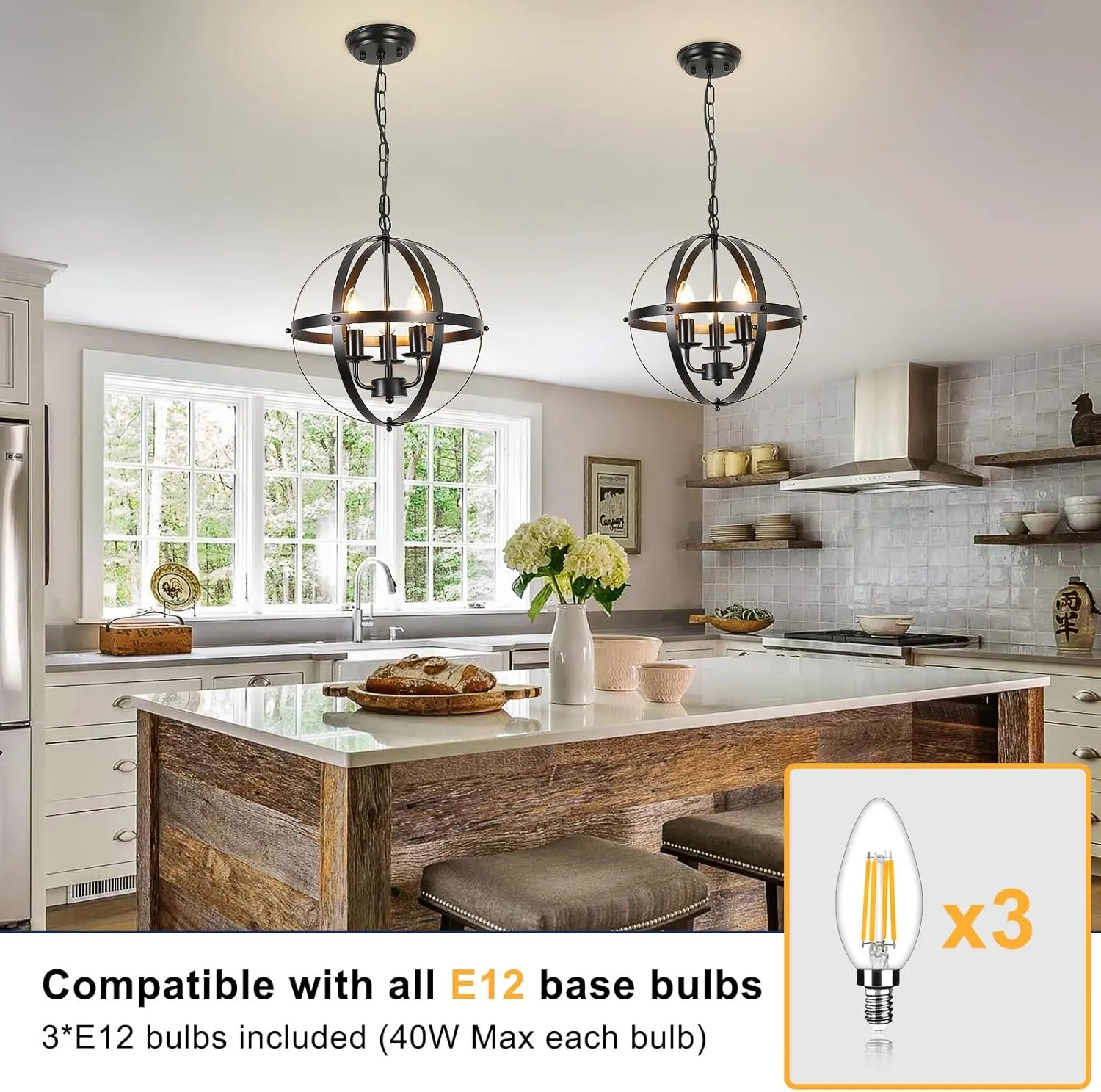 DLLT Vintage Pendant Hanging Light Fixtures, Flush Mount Ceiling Chandelier Lamp with Metal Spherical Shade for Kitchen, Dining Room, Living Room, Hallway, Entryway 3-Light, E12 Base-Matte Black