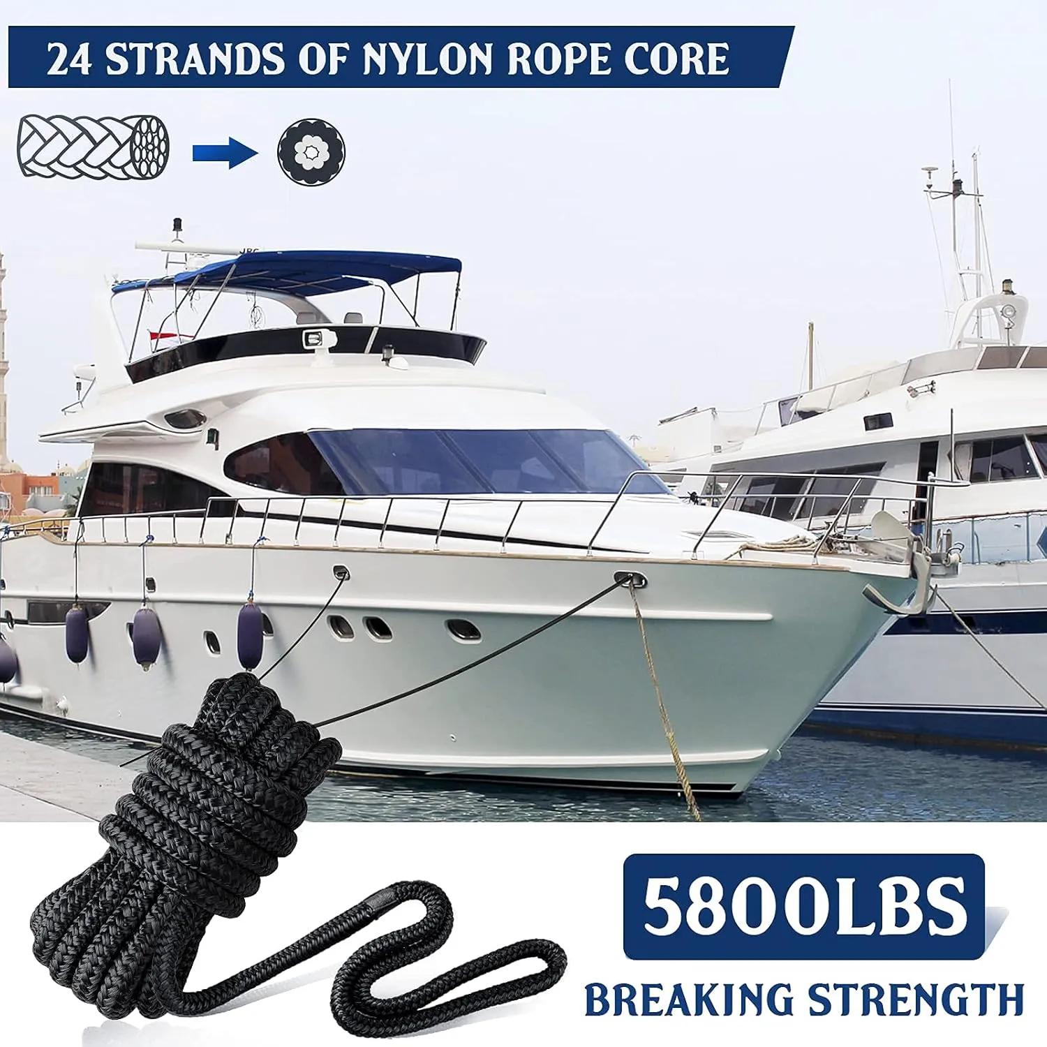 Dock Lines & Ropes Boat Accessories - 3/8" x 15' Double Braided Nylon Dock Lines with 12” Loop, Excellent 5800 lbs Breaking Strength Marine Rope for Kayak Pontoon Boats up to 30ft, Boating Gifts