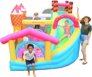 Doctor Dolphin Inflatable Bounce House for Kids Ice Cream Doughnut Dessert Party for Outdoor Play with Blower, Long Slide and Ball Pool
