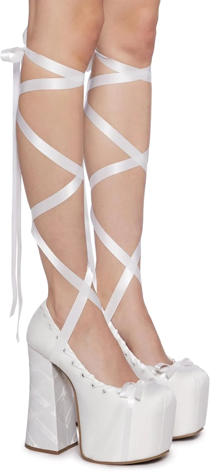 Dolls Kill Sweet Sonata Ballet Wrap Heels by Sugar Thrillz – Satin Platform Heels with Lace-Up Ribbons & Bow