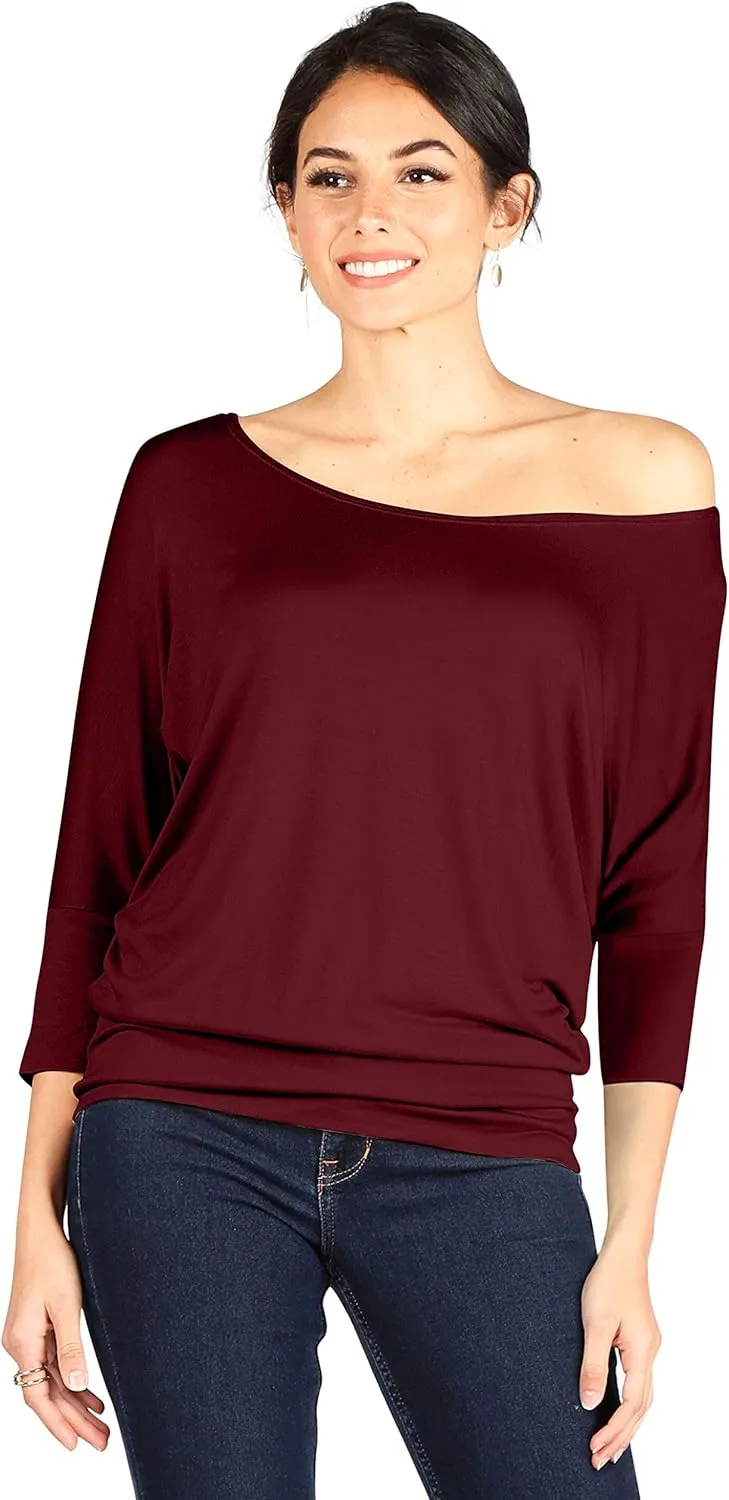 Dolman Tops for Women Off The Shoulder Tops Banded Waistband Shirts 3/4 Sleeves Regular and Plus Size Tops