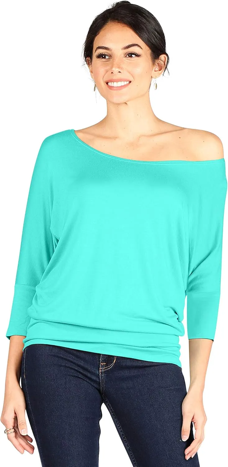 Dolman Tops for Women Off The Shoulder Tops Banded Waistband Shirts 3/4 Sleeves Regular and Plus Size Tops