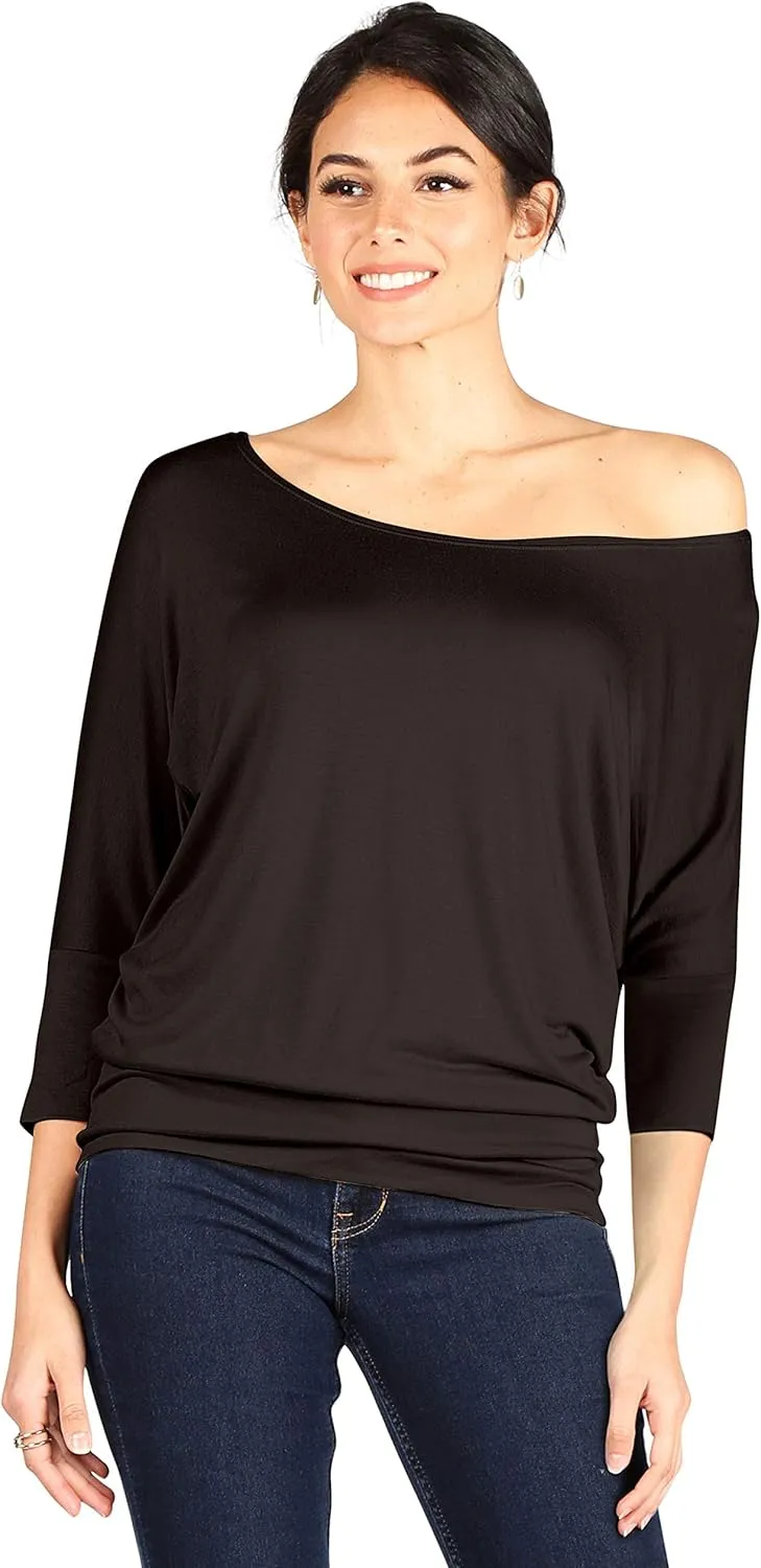 Dolman Tops for Women Off The Shoulder Tops Banded Waistband Shirts 3/4 Sleeves Regular and Plus Size Tops