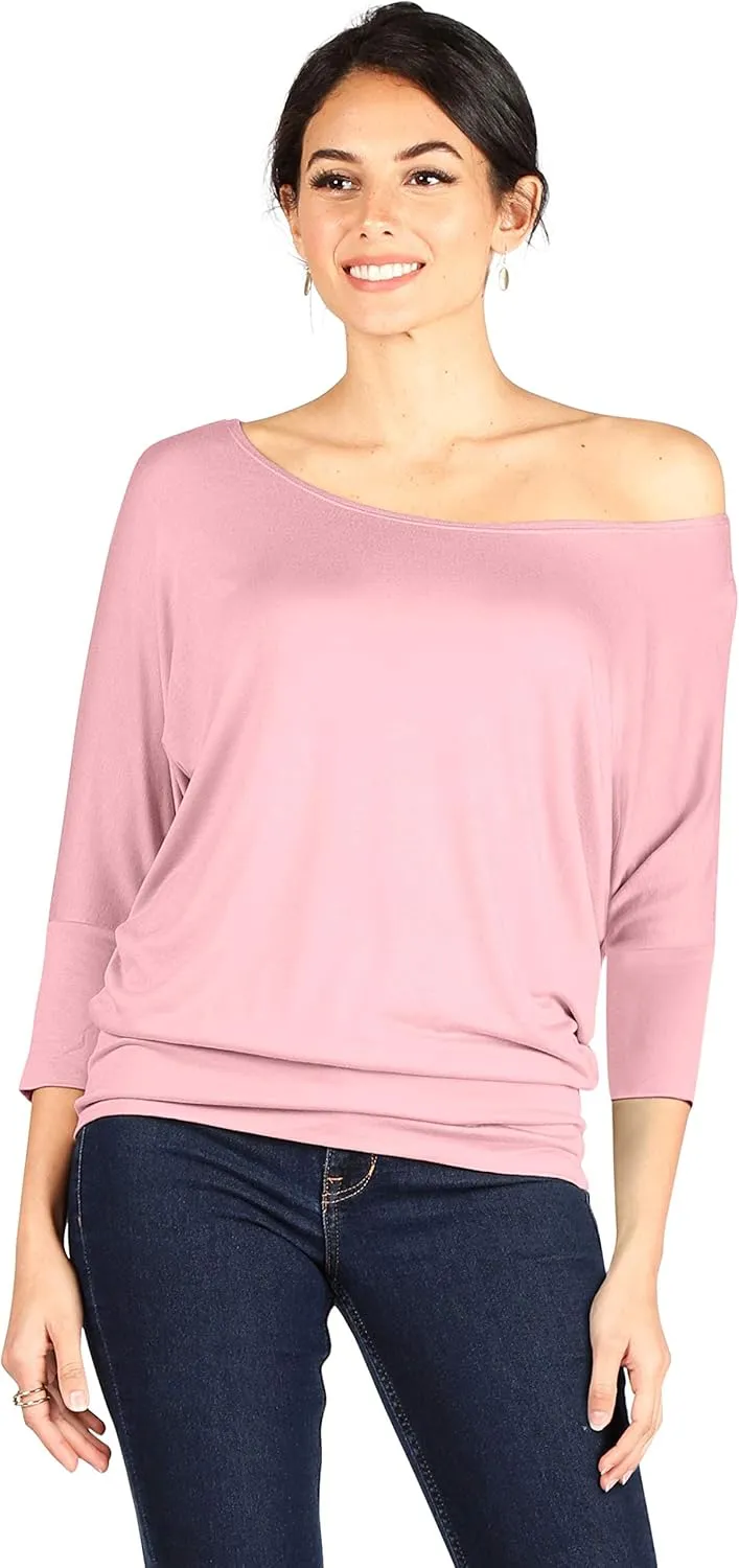Dolman Tops for Women Off The Shoulder Tops Banded Waistband Shirts 3/4 Sleeves Regular and Plus Size Tops