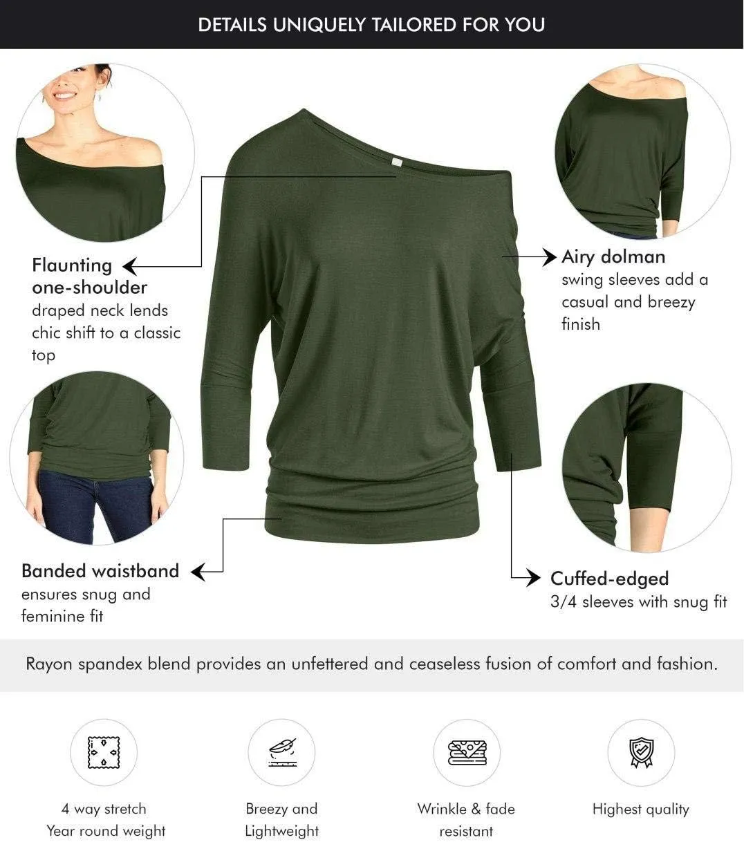 Dolman Tops for Women Off The Shoulder Tops Banded Waistband Shirts 3/4 Sleeves Regular and Plus Size Tops