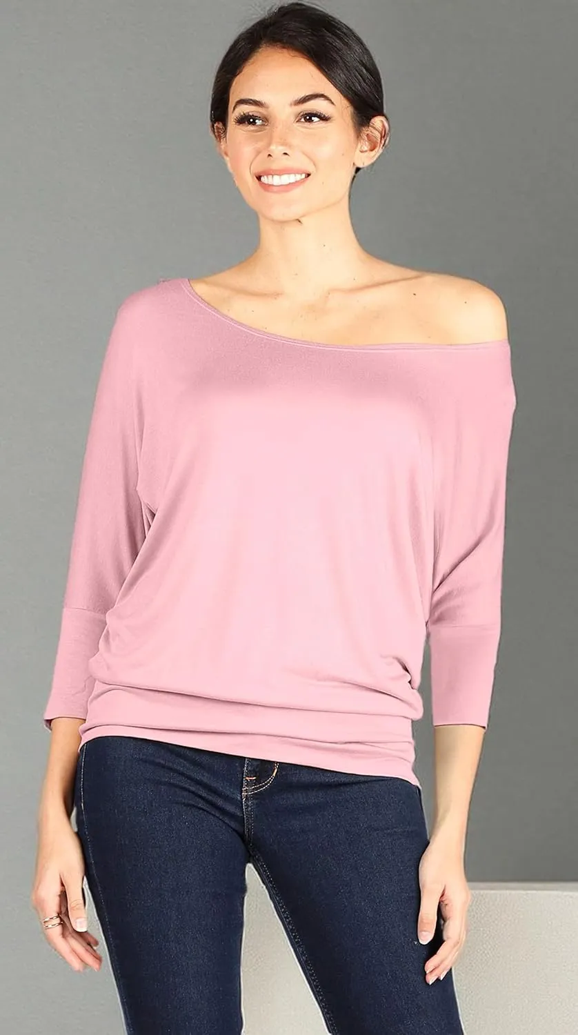 Dolman Tops for Women Off The Shoulder Tops Banded Waistband Shirts 3/4 Sleeves Regular and Plus Size Tops