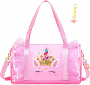 Dorlubel Cute Ballet Dance Bag Gym Travel Duffle Bag for Girls Tutu Dress Bag with Key Chain for Girls (Pink4 of Long Mesh)