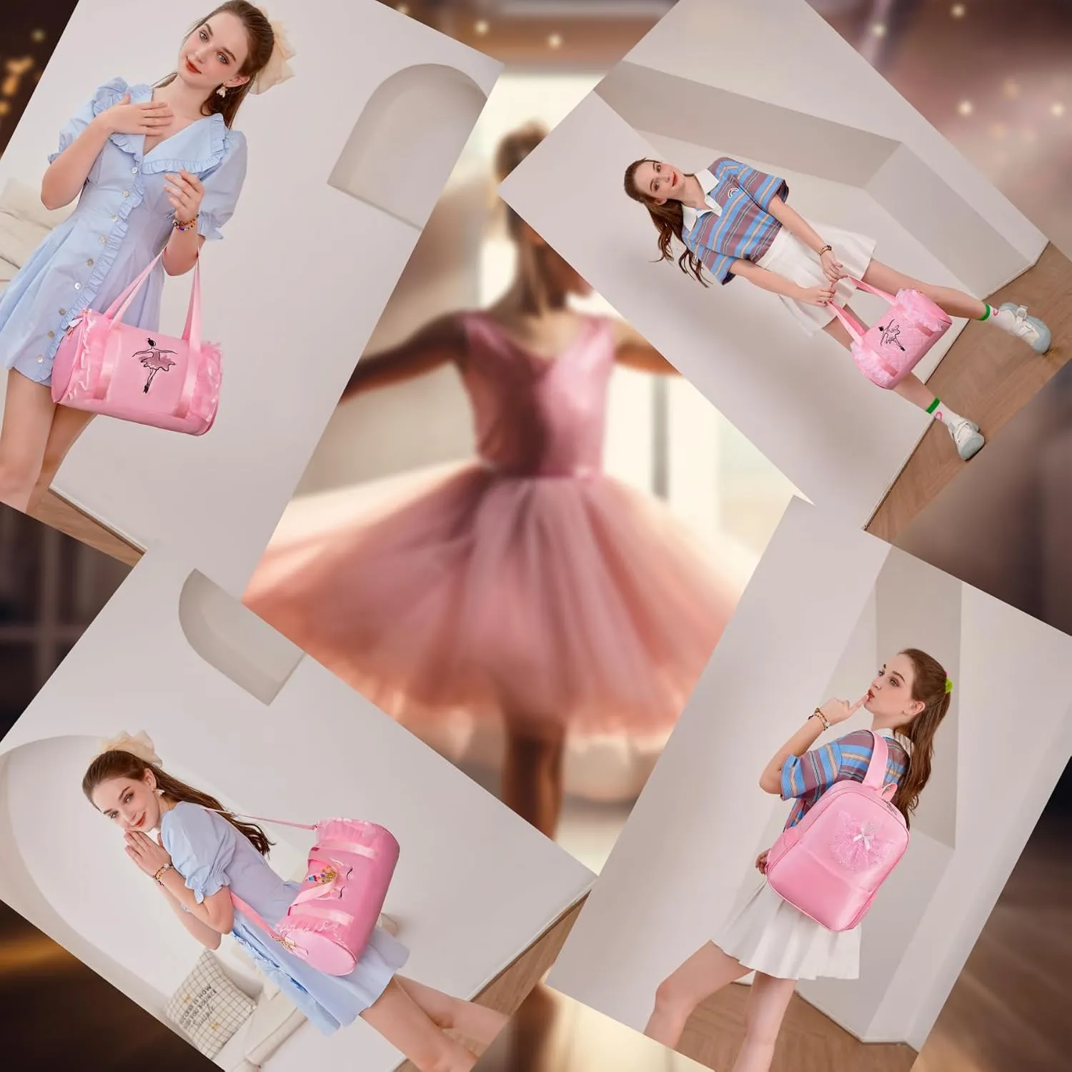 Dorlubel Cute Ballet Dance Bag Gym Travel Duffle Bag for Girls Tutu Dress Bag with Key Chain for Girls (Pink4 of Long Mesh)