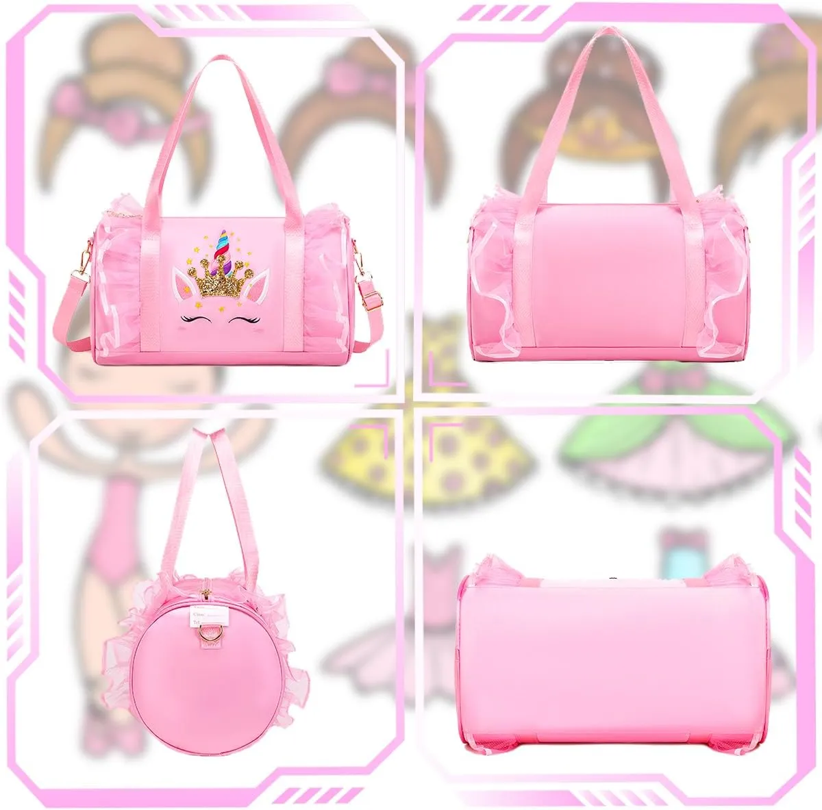Dorlubel Cute Ballet Dance Bag Gym Travel Duffle Bag for Girls Tutu Dress Bag with Key Chain for Girls (Pink4 of Long Mesh)
