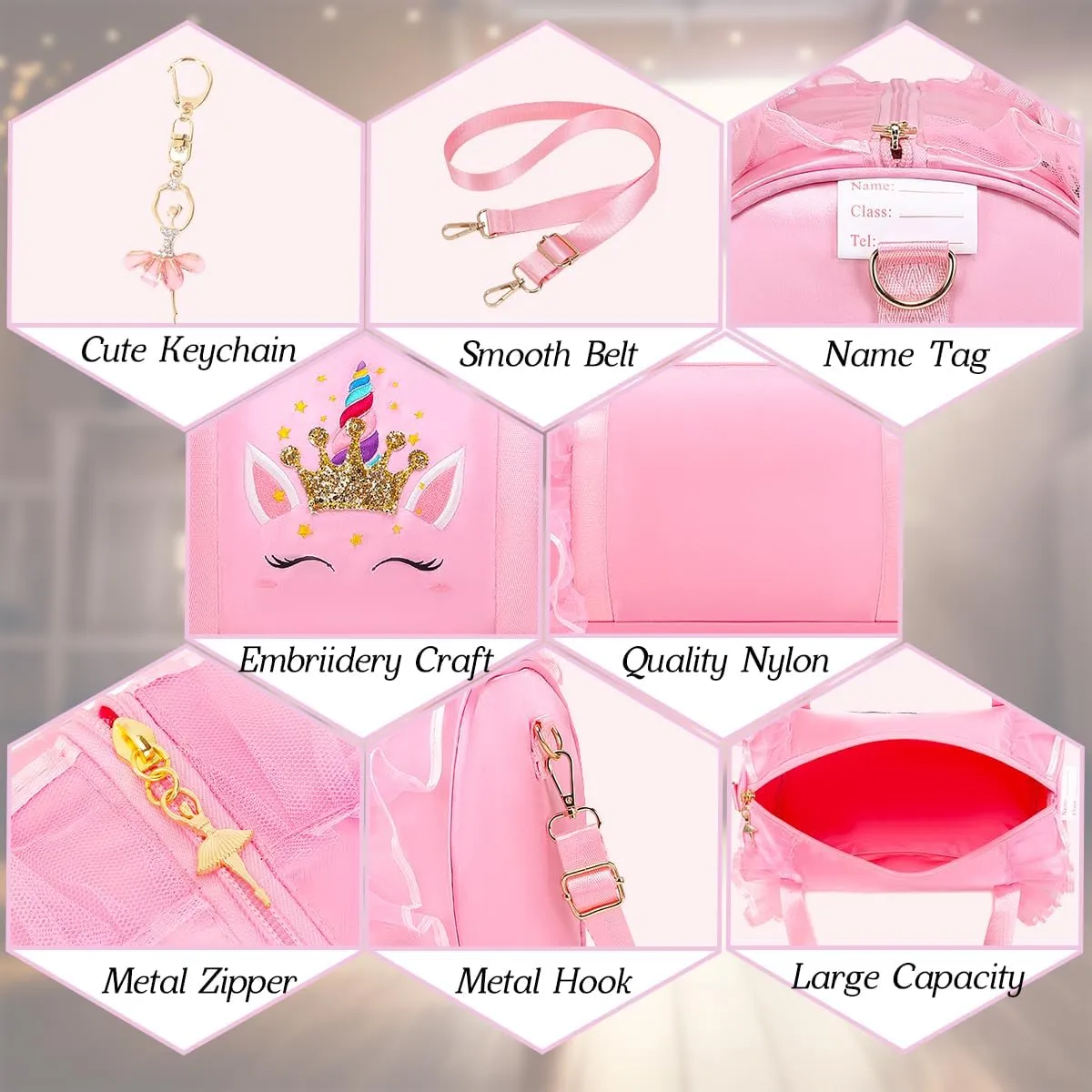 Dorlubel Cute Ballet Dance Bag Gym Travel Duffle Bag for Girls Tutu Dress Bag with Key Chain for Girls (Pink4 of Long Mesh)
