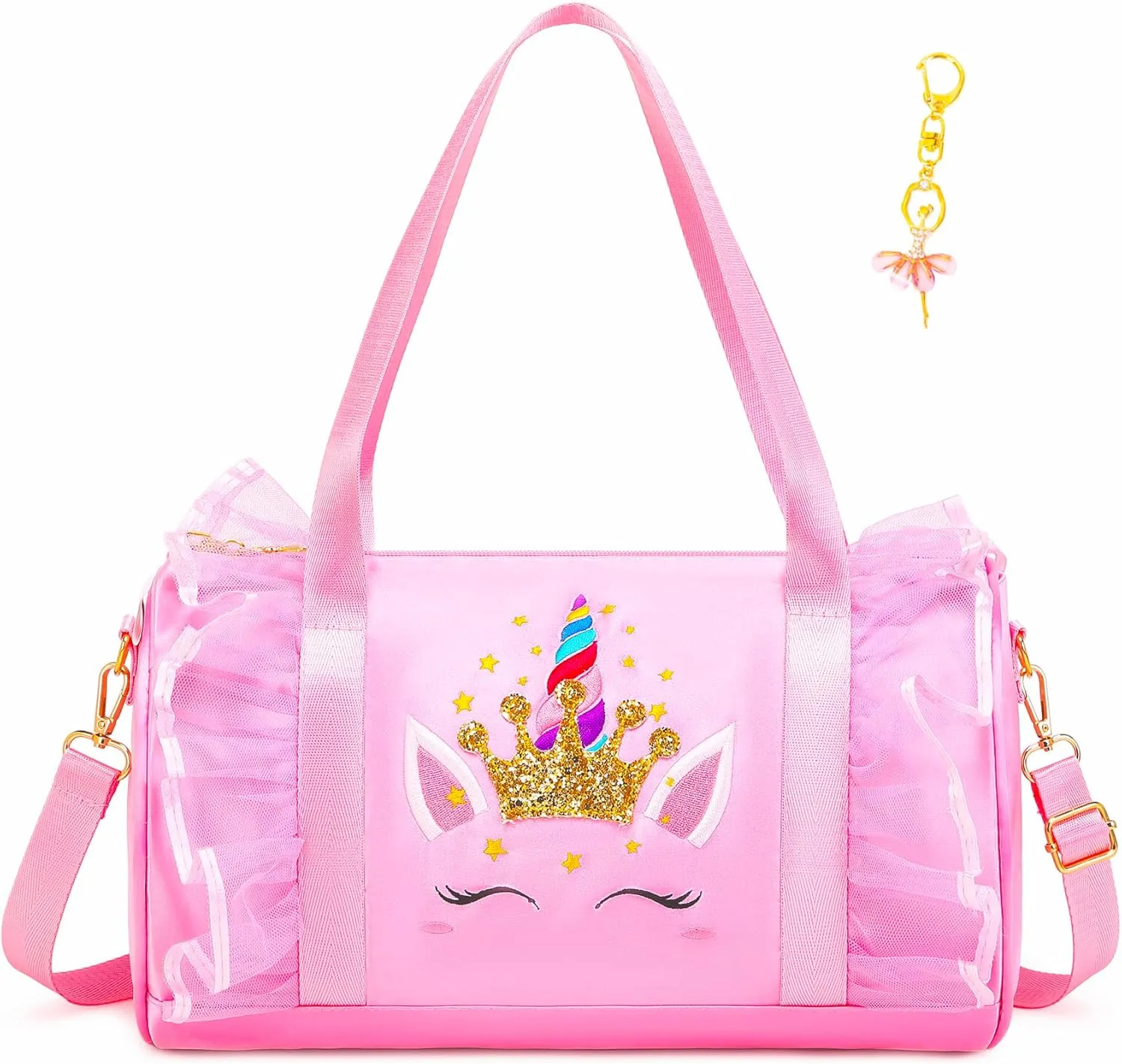 Dorlubel Cute Ballet Dance Bag Gym Travel Duffle Bag for Girls Tutu Dress Bag with Key Chain for Girls (Pink4 of Long Mesh)
