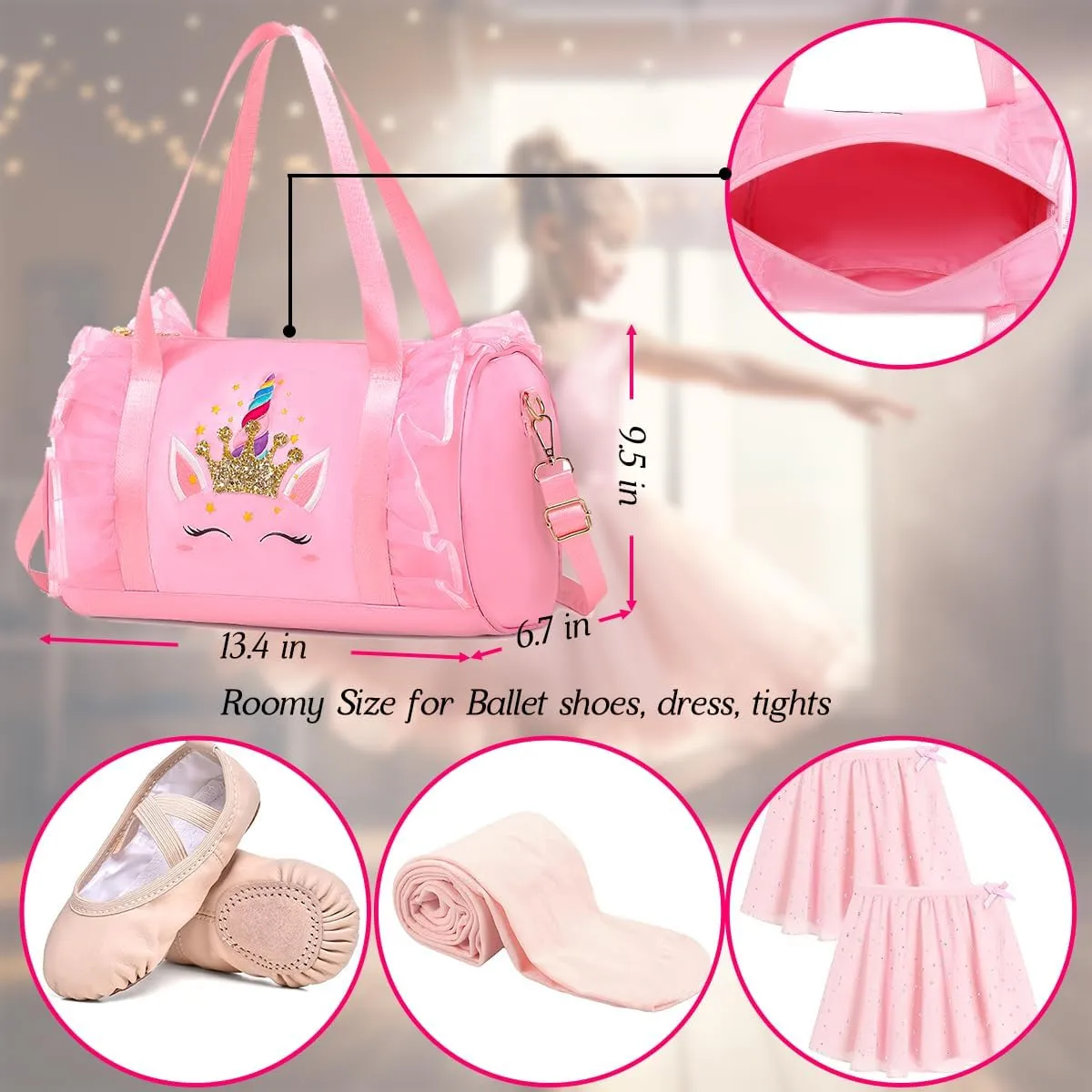 Dorlubel Cute Ballet Dance Bag Gym Travel Duffle Bag for Girls Tutu Dress Bag with Key Chain for Girls (Pink4 of Long Mesh)
