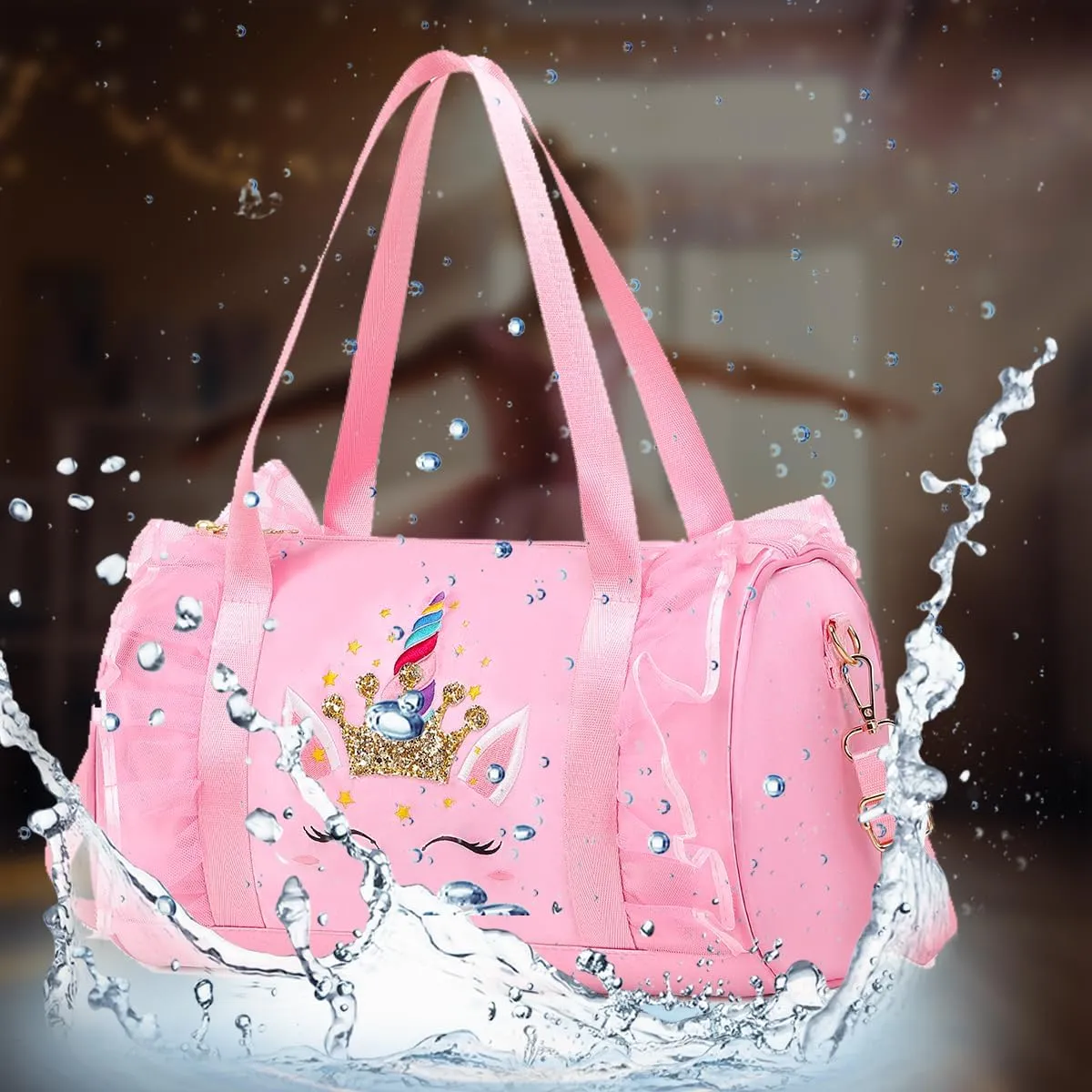 Dorlubel Cute Ballet Dance Bag Gym Travel Duffle Bag for Girls Tutu Dress Bag with Key Chain for Girls (Pink4 of Long Mesh)