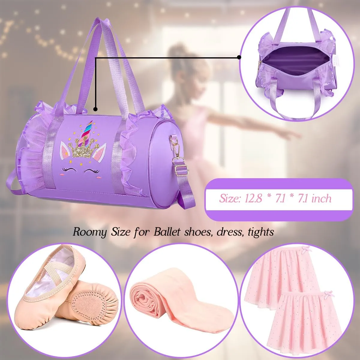 Dorlubel Cute Toddler Ballet Dance Bag for little Girl Tutu Dress Bag with Key Chain (Purple Unicorn)