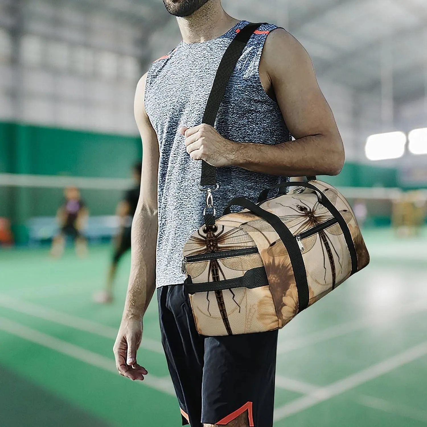 Dragonfly on Sunflower Sports Gym Bag Carry on Holdalls for Men Small Duffel Bags for Women with Shoe Compartment