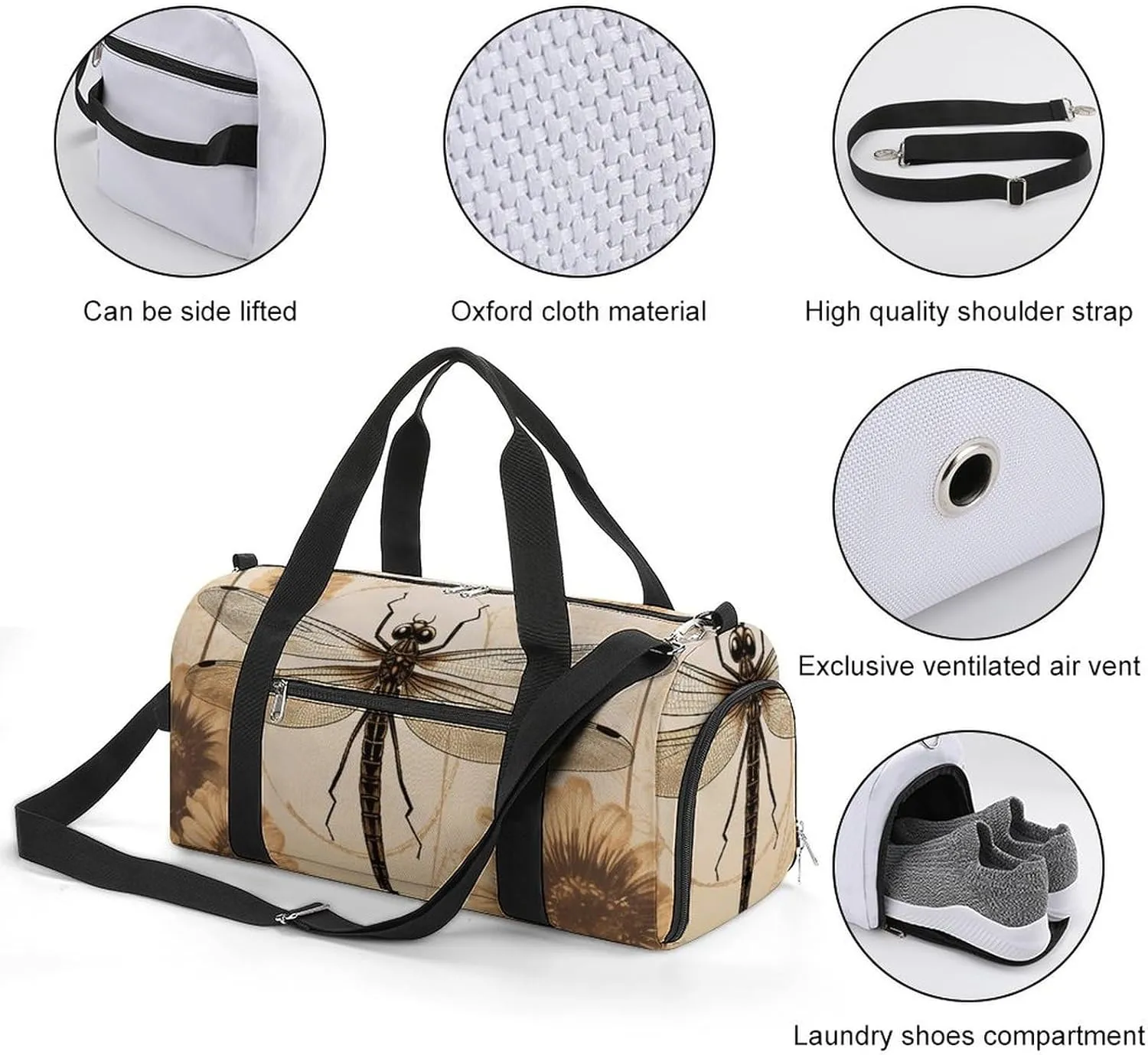 Dragonfly on Sunflower Sports Gym Bag Carry on Holdalls for Men Small Duffel Bags for Women with Shoe Compartment