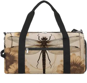 Dragonfly on Sunflower Sports Gym Bag Carry on Holdalls for Men Small Duffel Bags for Women with Shoe Compartment