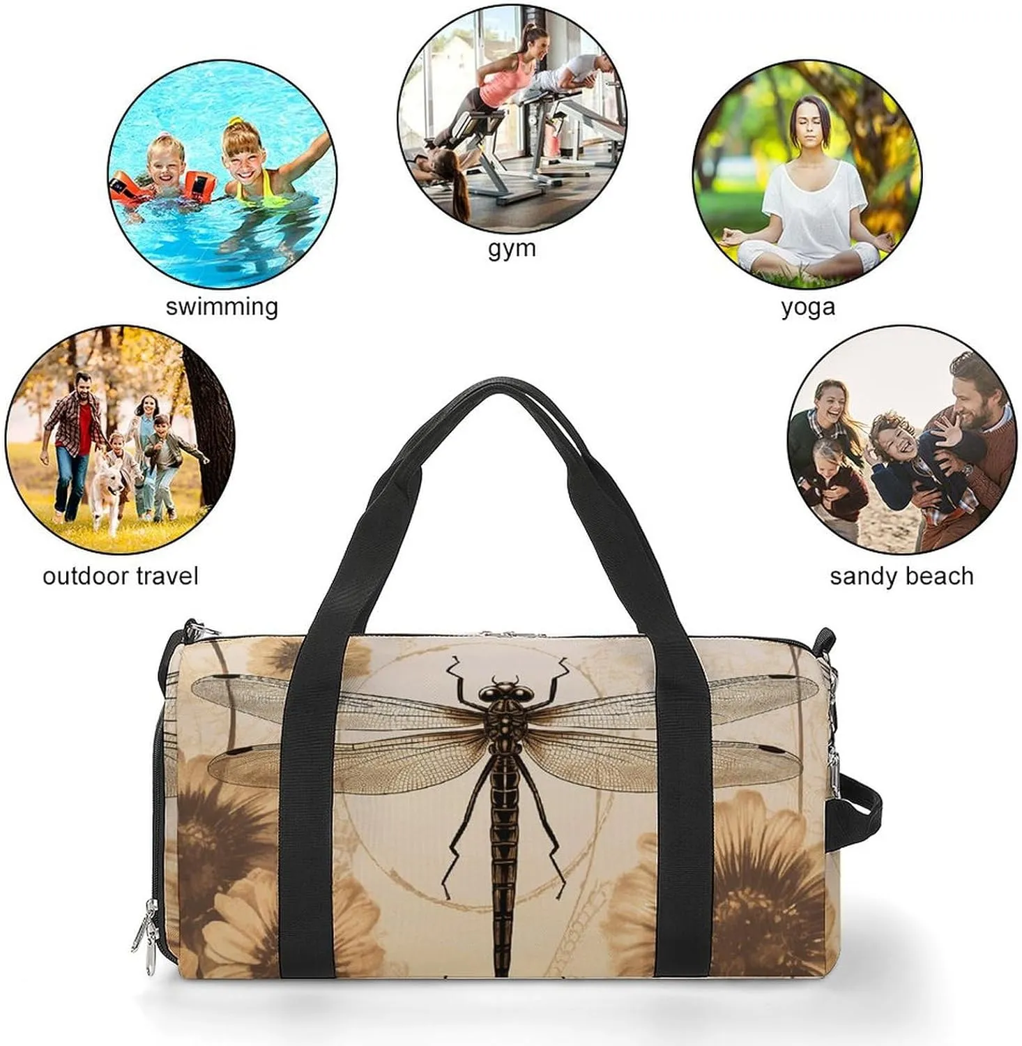 Dragonfly on Sunflower Sports Gym Bag Carry on Holdalls for Men Small Duffel Bags for Women with Shoe Compartment