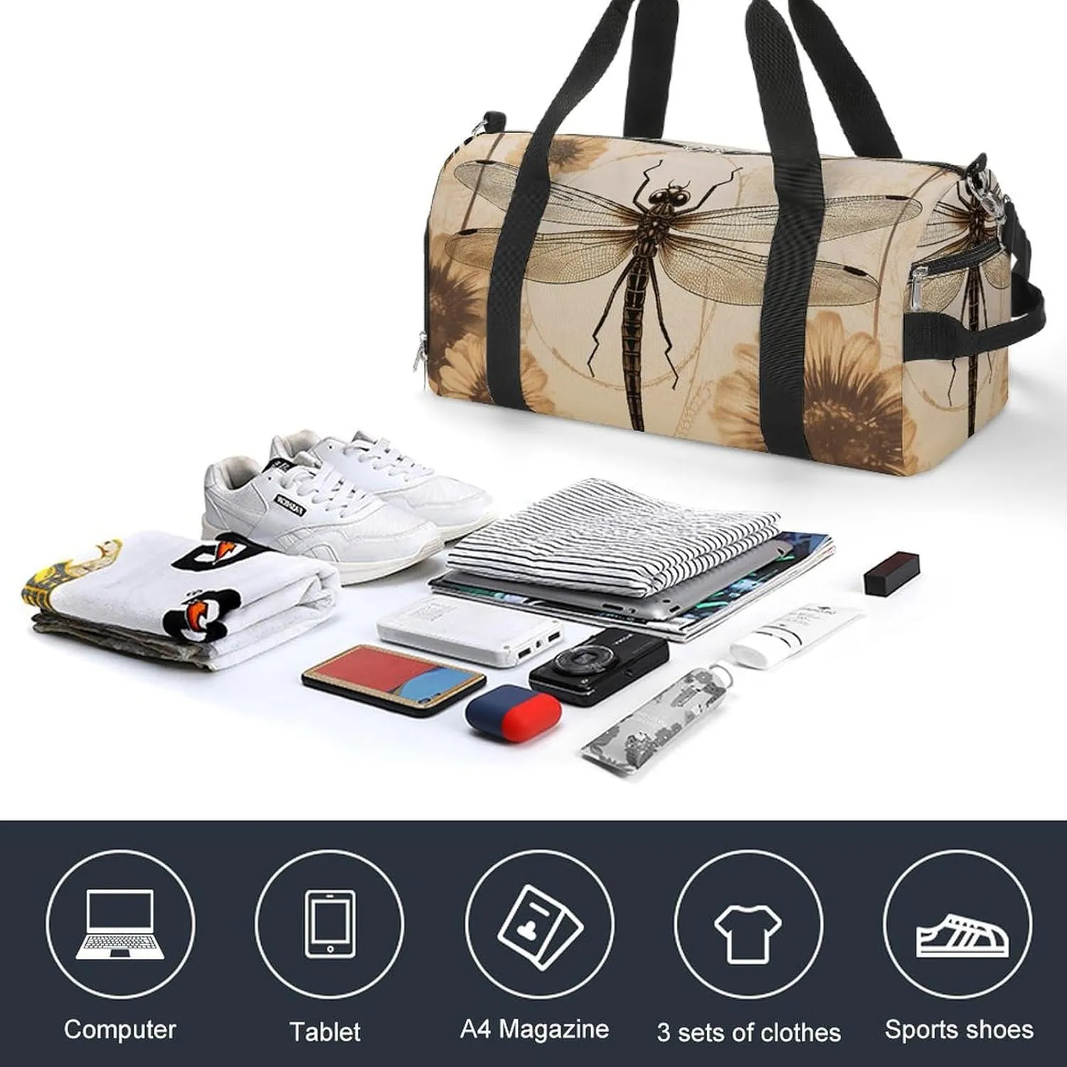 Dragonfly on Sunflower Sports Gym Bag Carry on Holdalls for Men Small Duffel Bags for Women with Shoe Compartment