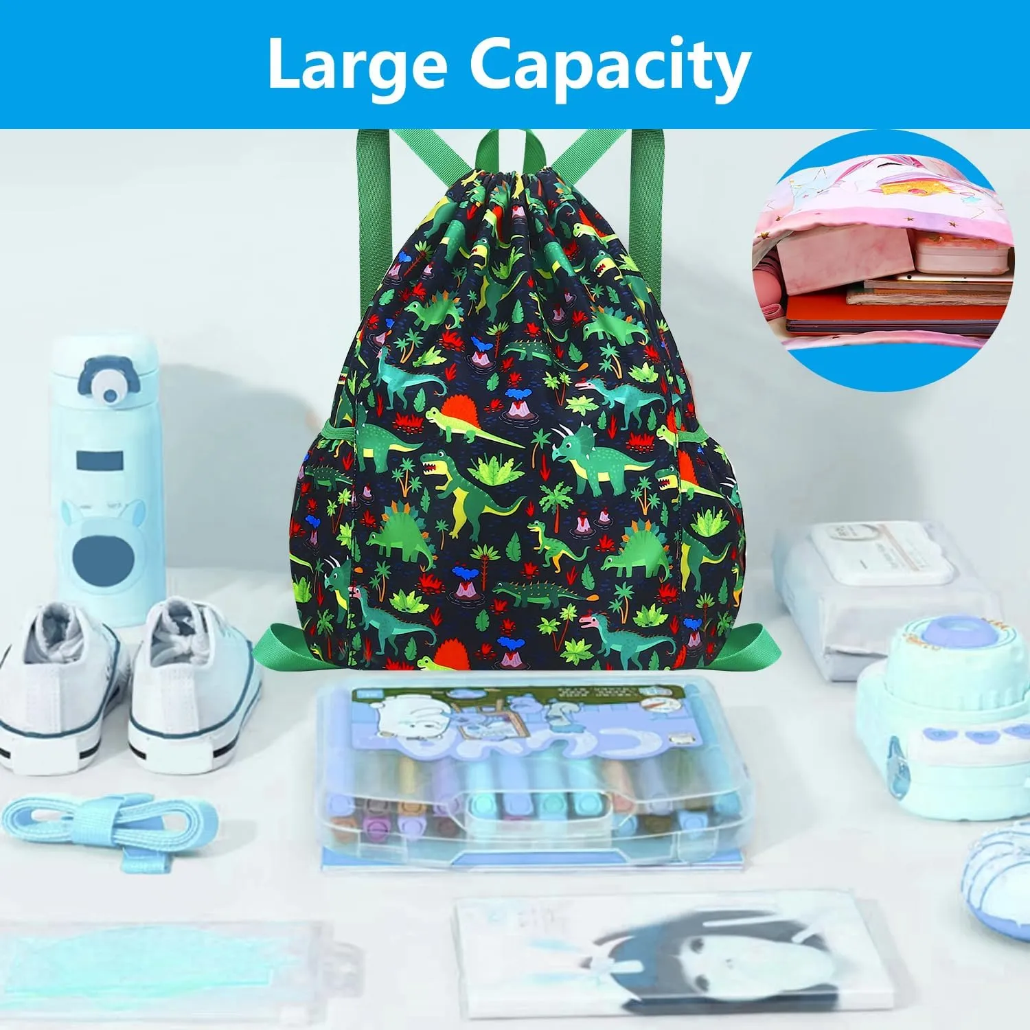 Drawstring Backpack for Kids - Boys Sport Gym Beach Swim Travel Daypack With Two Water Bottle Holder