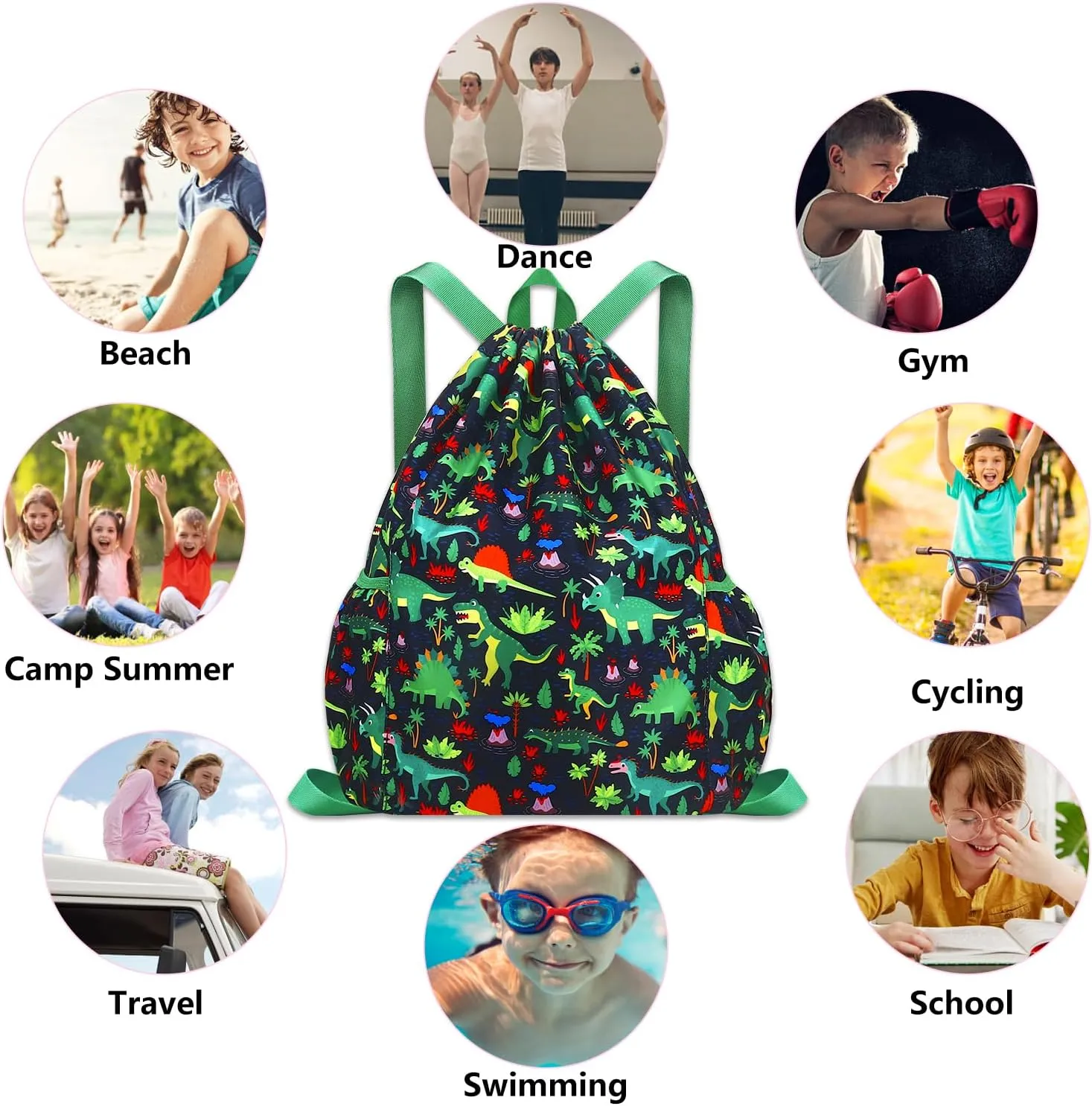Drawstring Backpack for Kids - Boys Sport Gym Beach Swim Travel Daypack With Two Water Bottle Holder