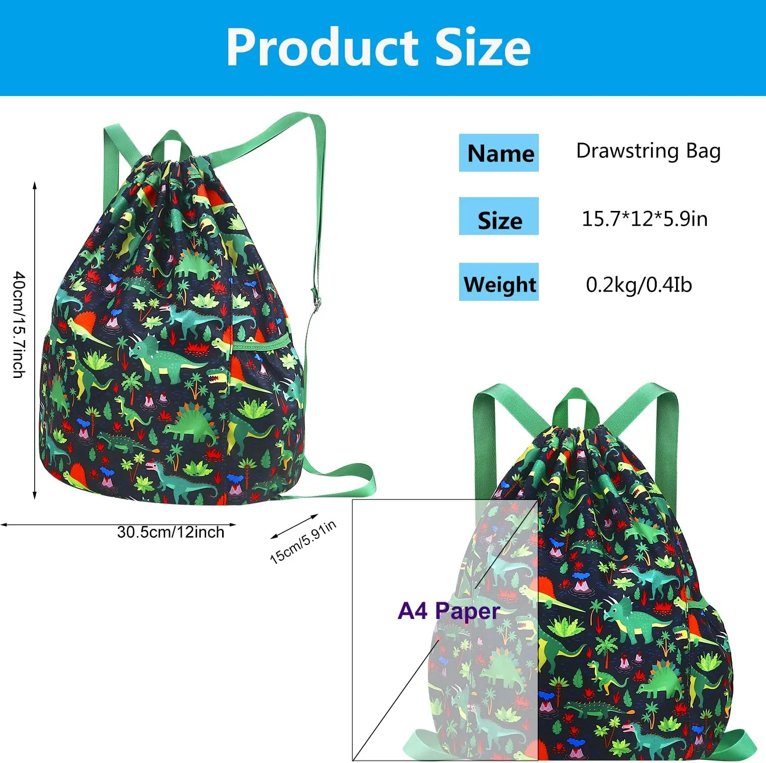 Drawstring Backpack for Kids - Boys Sport Gym Beach Swim Travel Daypack With Two Water Bottle Holder