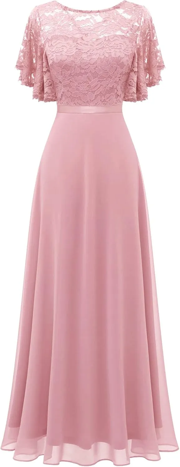 DRESSTELLS Lace Wedding Guest Formal Dresses, V-Back Empire Waist Bridesmaid Prom Party Evening Gown 2025