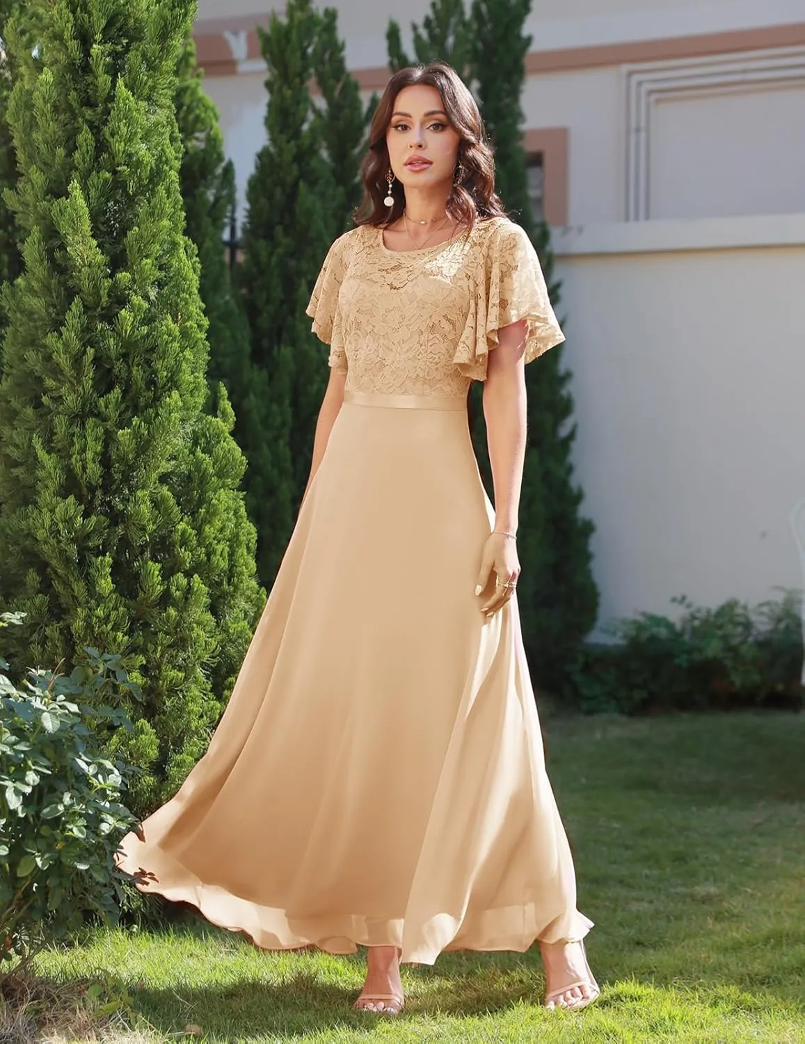 DRESSTELLS Lace Wedding Guest Formal Dresses, V-Back Empire Waist Bridesmaid Prom Party Evening Gown 2025