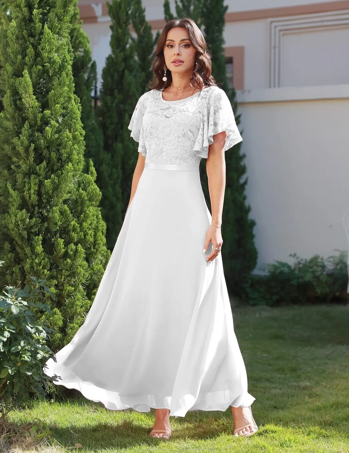 DRESSTELLS Lace Wedding Guest Formal Dresses, V-Back Empire Waist Bridesmaid Prom Party Evening Gown 2025